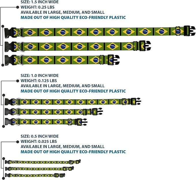 Buckle-Down Plastic Clip Collar - Brazil Flags - 1/2" Wide - Fits 9-15" Neck - Large