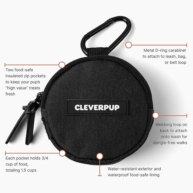 Cleverpup Snackpack Double Insulated Dog Treat Pouch – 1.5 Cup Capacity, 2 BPA-Free Waterproof Zipper Pockets, Carabiner for Belt/Leash – Compact Training & Travel Bag – Graphite