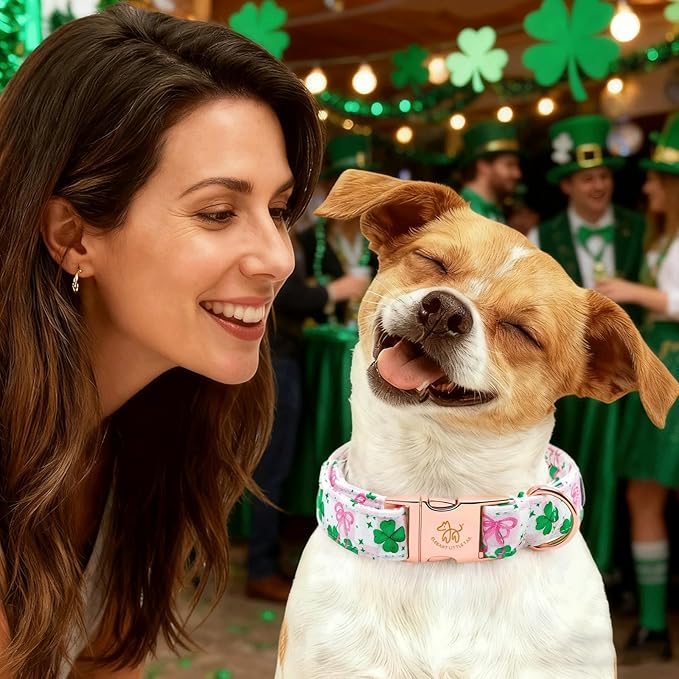 Elegant little tail St Patrick's Dog Collar - Green Lucky Clover Cotton Shamrock Pet Collar Flower Cute Pink Collars with Flower Adjustable Pet Collars for X-Large Dogs