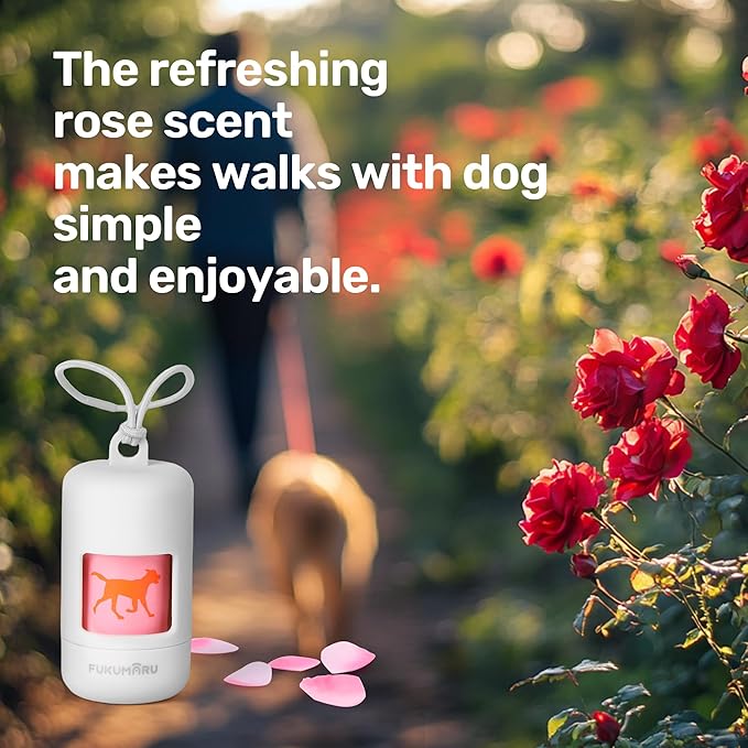 FUKUMARU Dog Poop Bags, 120 Rose Scent Poop Bag Holder and Dispenser with Leash Attachment for Dogs, Cats, and Multi-pet Use - Running Pattern Bags, Gray Holder