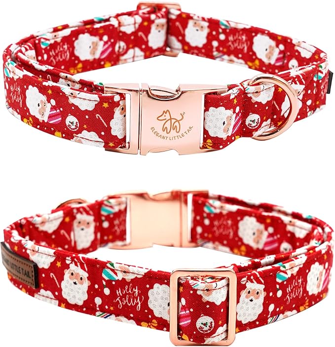 Elegant Little Tail Christmas Dog Collar with Santa Claus, Flowers for Medium Dogs