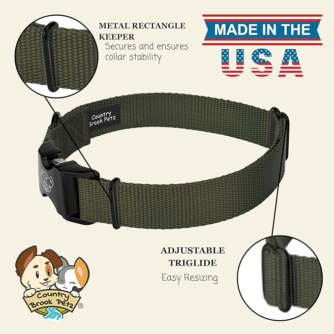 Country Brook Petz - Premium Nylon Dog Collar with Metal Buckle for Small Medium Large Breeds - 10+ Cool Colors (Small, 3/4 Inch, Dark Olive Drab)
