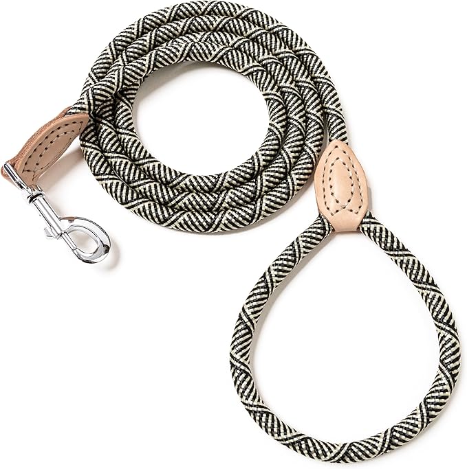 Mile High Life Rope Leash with Genuine Leather Connection, 6 FT/5 FT/4 FT, Heavy Duty Leash for Small Medium & Large Dogs(Black Beige,72 Inch)