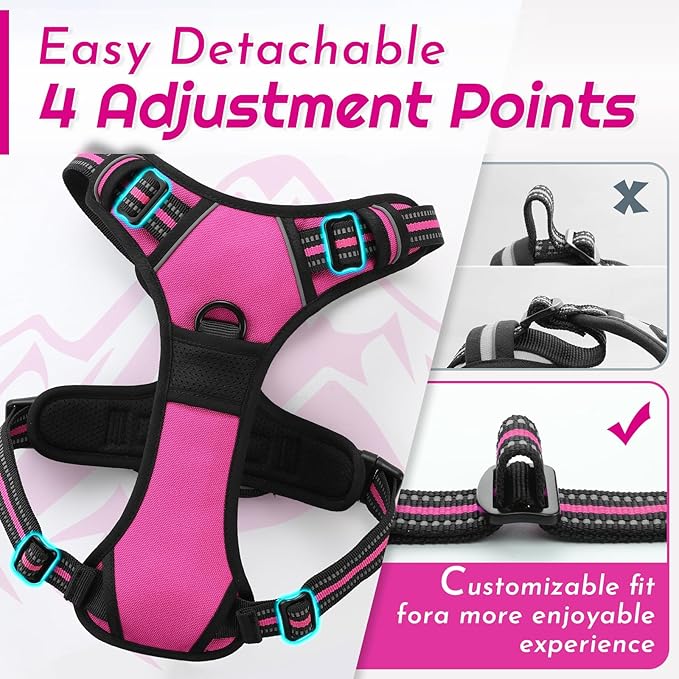 Eagloo Dog Harness Medium Sized Dog, No Pull Service Vest with Reflective Strips and Control Handle, Adjustable and Comfortable for Walking, No Choke Pet Harness with 2 Metal Rings, Rose Red, M
