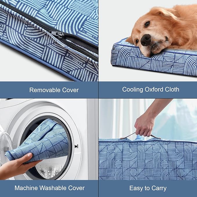 Outdoor Extra Large Dog Crate Bed, XXL Waterproof Dog Bed for Giant Breeds Dogs, 47x29 Inch Orthopedic Egg Crate Foam Pet Mat with Removable Cooling Cover, White Blue