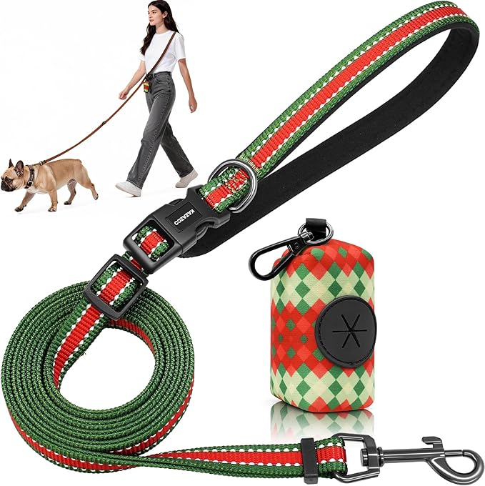 Kazazoo Hands-Free Dog Leash with Poop Bag Holder, Adjustable 4-7 Ft Waist for Dog Walking, Running for Small & Medium Dogs with Reflective Strips, Nylon Waist Belt，Red&Green