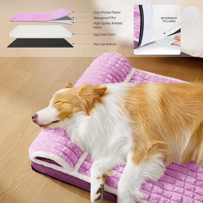 Orthopedic Dog Bed Large Sized Dog with Pillow 36''X24'', Waterproof Soft Comfortable Egg Crate Foam Pet Crate Beds Mat with Removable Washable Cover and Non-Slip Bottom, Lilac