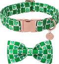 DOGWONG St.Patrick's Day Dog Collar Green Clovers Plaid Bowtie Dog Necklace Adjustable Dog Collar Bow Tie for Small Medium Large Dogs