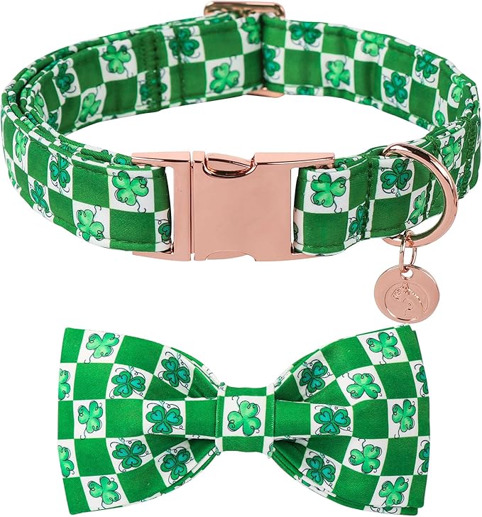 DOGWONG St.Patrick's Day Dog Collar Green Clovers Plaid Bowtie Dog Necklace Adjustable Dog Collar Bow Tie for Small Medium Large Dogs