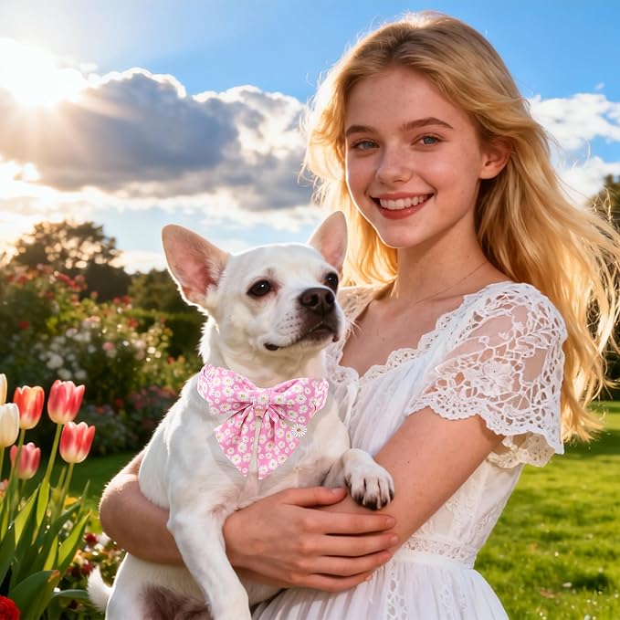 DOGWONG Spring Dog Collar with Sailor Bow, Soft Comfortable Adjustable Cute Pink Daisy Collar for Puppies and Cats, XS