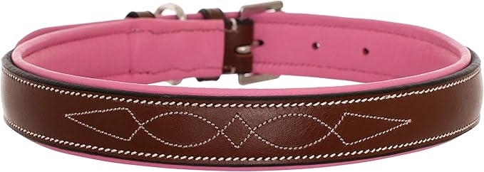 Exion Geniun Leather Dog Collar Designer Stitched Soft Leather Padded- Suitable for Small Medium Large X-Large Dogs for Walking Running- Oak Brown with Pink Padding