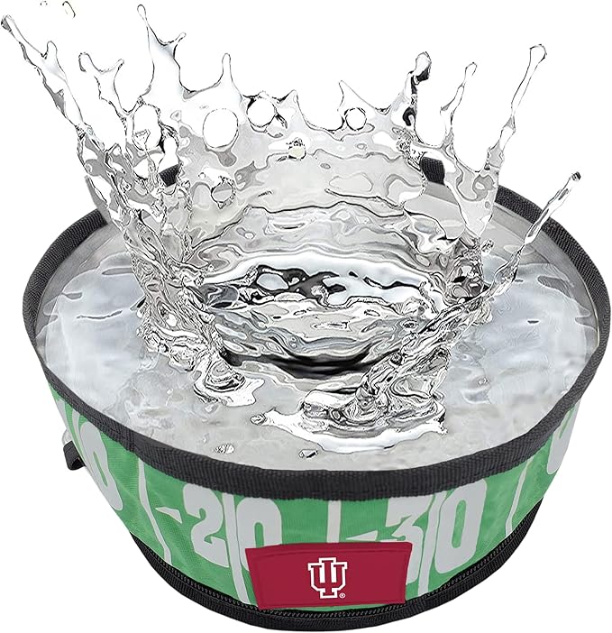 Pets First NCAA Indiana Hoosiers Collapsible Dog Travel Bowl, Food and Water Bowl for Dogs & Cats. Lightweight Leak-Proof Pet Bowl for Travel with Football Field & Pebble-Grain Design