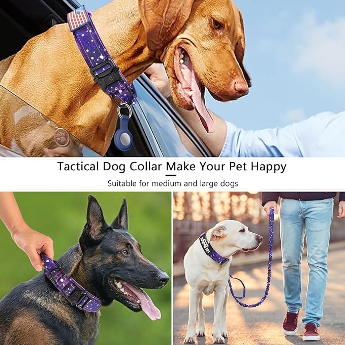 DAGANXI Tactical Dog Collar, Adjustable Military Training Nylon Dog Collar with Control Handle and Heavy Metal Buckle for Medium and Large Dogs, with Patches and Airtags Case (L, Purple Sky-Set)