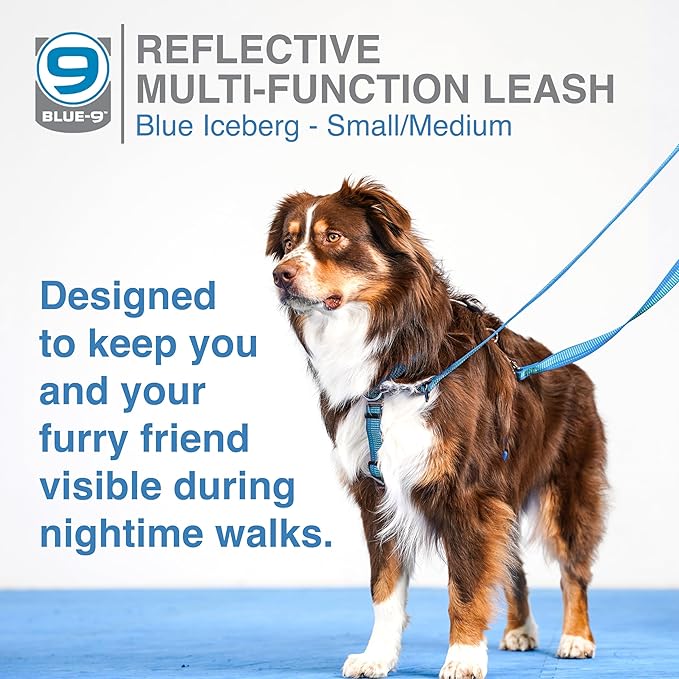 Blue-9 Reflective Multi-Function Dog Leash, Double Attachment Adjustable Lead for Obedience Training and Running, 6 Feet, Made in The USA, Small/Medium, Blue