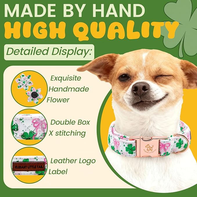 Elegant little tail St Patrick's Dog Collar - Green Lucky Clover Cotton Shamrock Pet Collar Flower Cute Pink Collars with Flower Adjustable Pet Collars for X-Small Dogs