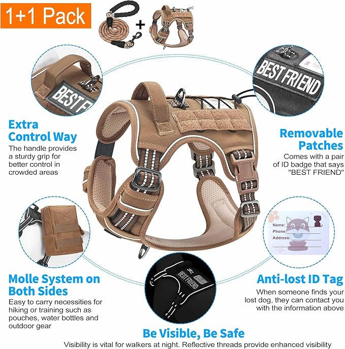 Heavy Duty Tactical Dog Harness for Small Dogs, No Pull Adjustable Pet Harness Reflective Service Training Easy Control Pet Vest Military K9 Working Dog Harnesses- Small, Brown