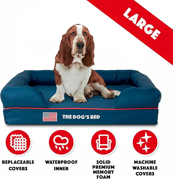 The Dog’s Bed Orthopedic Memory Foam Dog Bed with Bolsters, Oxford Fabric, Blue with Dark Red Trim, Large