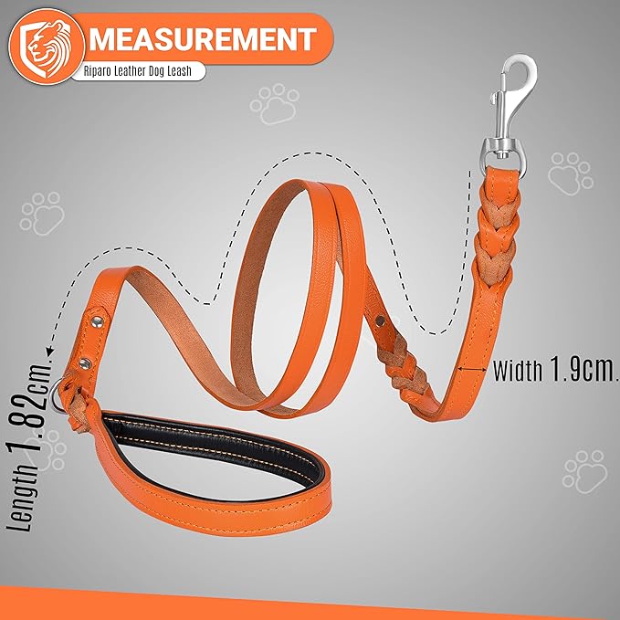 Riparo Leather Dog Leash 6ft with 2 Handles Padded Traffic Handle for Extra Control, Leather Dog Leashes for Large Breed Dogs Training Walking Heavy Duty Leashes for Dogs (Orange, L: 3/4" x6ft)