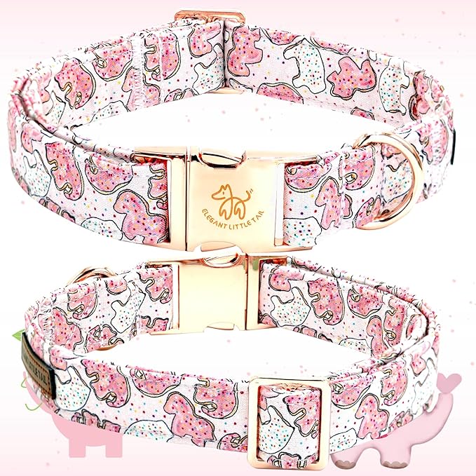 Elegant Little Tail Pink Elephant Cookies Print Cotton Soft X-Small Dog Collar with Bow, Durable Adjustable, Unique Design