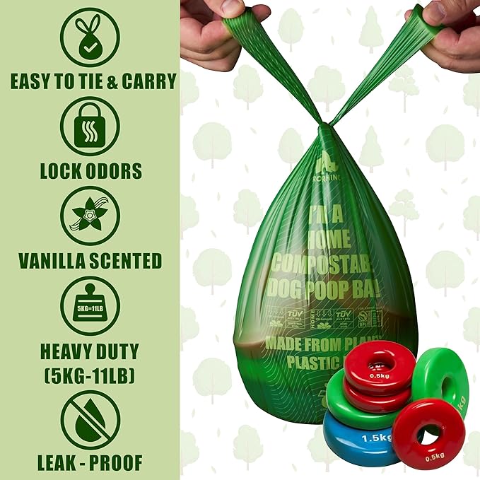 Ultra Thick & Deep RockRhino Dog Poop Bags for Large & XL Breeds | 4-Layer Interlocking Bottom | 100% Home Compostable, 0% Plastic | Vanilla-Scented | 60 Bags, Easy Open Tie Handles, Not for Scooper