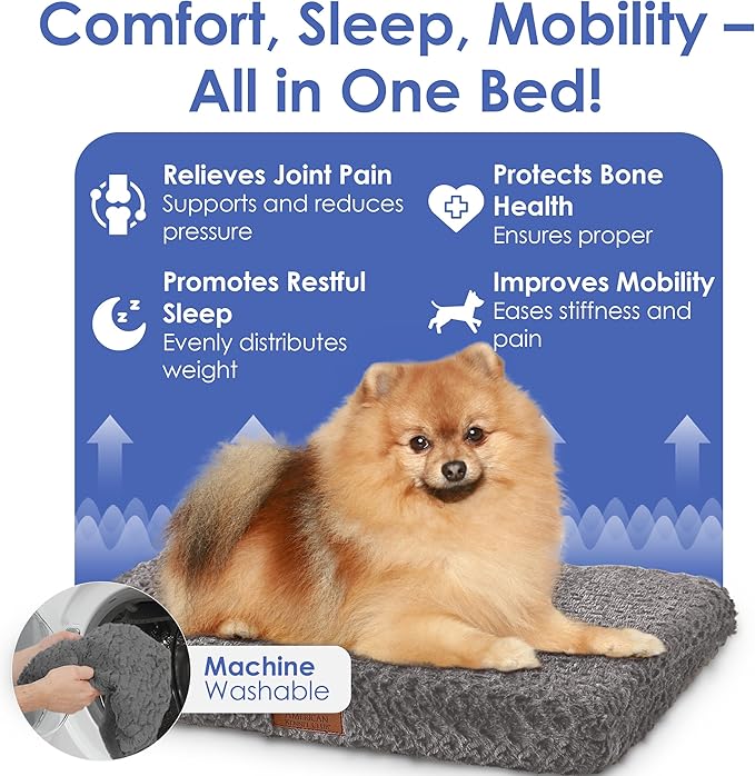 American Kennel Club Orthopedic Memory Foam Dog Crate Mat, Egg Crate Foam Cushion, Washable Cover, Non-Slip Base, Eases Joint Pain, Breathable, Durable, 24x19, Gray