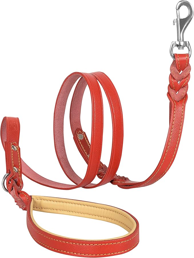 Riparo Leather Dog Leash 6ft with 2 Handles Padded Traffic Handle for Extra Control, Leather Dog Leashes for Large Breed Dogs Training Walking Heavy Duty Leashes for Dogs (Red, L: 3/4" x6ft)