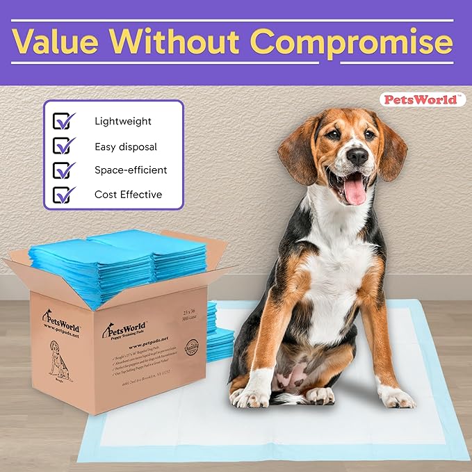PETSWORLD Puppy Pads, 23x36 Inch, 300 Count - Puppy Pee Pads for Dogs, Tear Resistant, Economy Value, Super-Absorbent Polymer Gel Core, Perfect for Puppies, Smaller Dogs