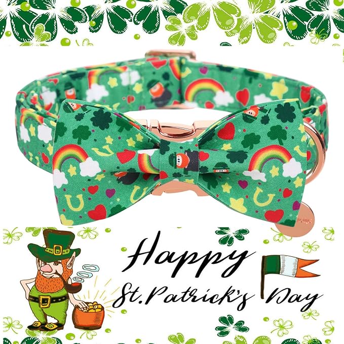 DOGWONG Green Lucky Clover Shamrock Dog Collar with Bowtie, Soft Adjustable St. Patrick's Day Lucky Charm Puppy Collar for Small Medium Large Dog