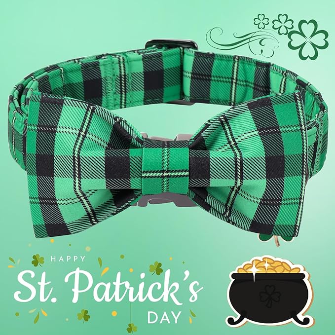 DOGWONG St. Patrick's Day Dog Collar with Bowtie, Green Plaid Bowtie Dog Collar for Small Medium Large Dogs,XS