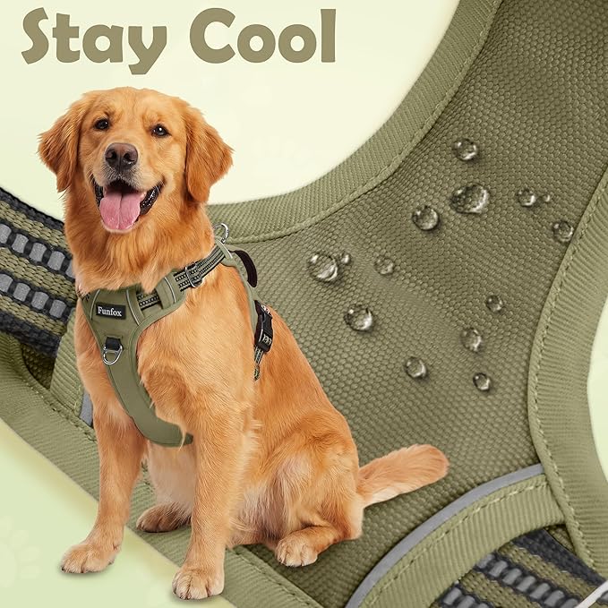 Funfox Dog Harness No Pull, Adjustable Pet Vest Harness, Super Soft Material with Vertical Handle Easy Control, Reflective Night Walking, 2 Leash Clips for Medium Sized Dogs, Army Green, M