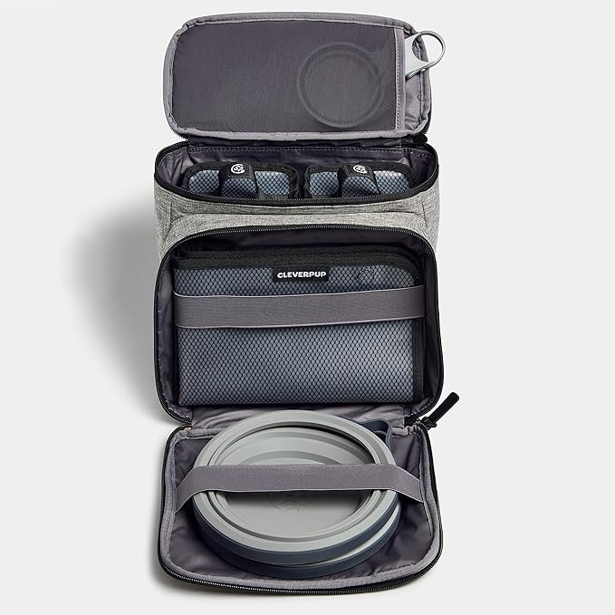 Cleverpup, Large 7-Piece Bistro Box Dog Food Travel Kit, 12-BPA-Free Cup Kibble Storage, 2 Silicone Bowls, Mat & Scoop - Portable Pet Food Kit for Weekends, Overnights, Daycare & Camping, Heather Grey