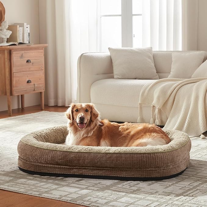 JOEJOY Orthopedic Dog Bed for Extra Large Dogs, Egg-Crate Memory Foam Pet Bed with Bolster Sides, Waterproof Lining, Removable Washable Cover & Non-Slip Bottom, Brown