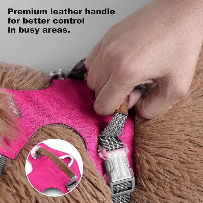 No Pull Dog Harness – Adjustable Reflective Nylon Vest for Small Medium Large Dogs, Escape Proof Training Harness with Leather Control Handle, Lightweight Aluminum Hardware (Hot Pink, L)