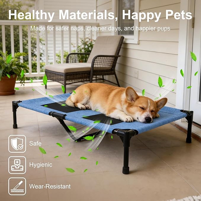 Dog Bed Medium Size Dog, Raised Pet Cot for Medium and Large Dogs, Cooling Breathable Mesh, Durable Sturdy Frame, Washable Cover, Portable and Easy to Assemble Indoor/Outdoor Pet Bed, Blue, M