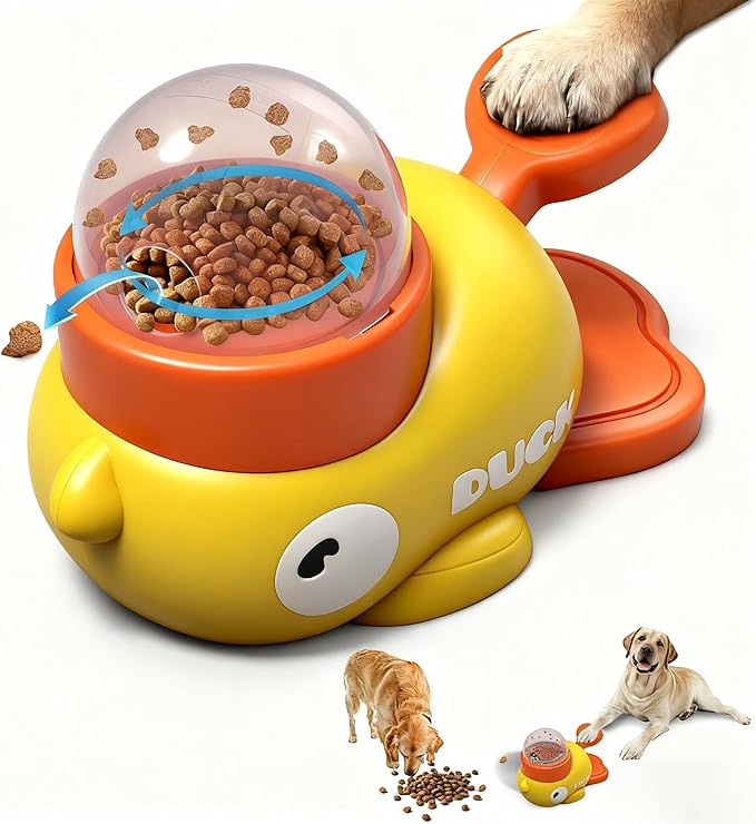 2-in-1 Dog Interactive Treat Dispenser Toy - Durable Food Puzzle Slow Feeder, Duck Shape Enrichment Toys with Button, Mentally Stimulating Toys for Dogs/Cats/Pets