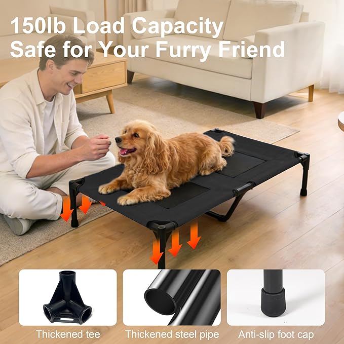 Dog Beds, Raised Pet Cot for Medium and Large Dogs, Cooling Breathable Mesh, Durable Sturdy Frame, Washable Cover, Portable and Easy to Assemble Indoor/Outdoor Pet Bed, Black, M