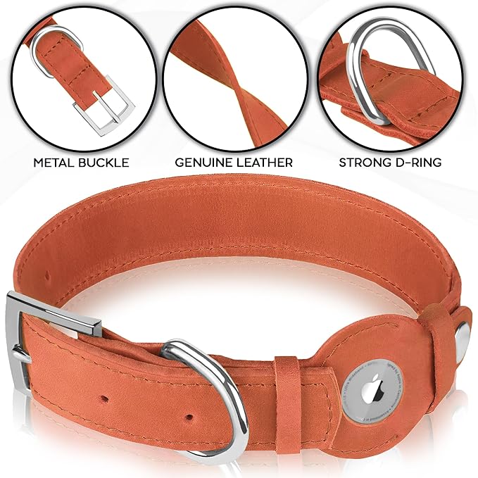 Leather Dog Collar with Airtag Holder - Apple Air Tag Dog Collars - Soft Tracking GPS Pet Collar for Small Medium Large Dogs Breed Puppy (Tawny, L, 15"-19" Neck Fit)