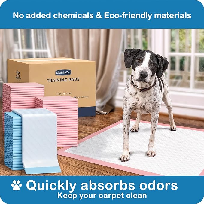 MoMoCo Puppy Pads 23″×23″ Disposable Dog Pee Pads Super Absorbent, Leak-Proof Puppy Training Potty Pads, 200-Count Value Pack (100 Blue + 100 Pink)