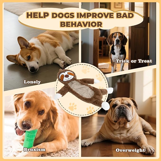 Squeaky Dog Toys for Small & Medium Breeds, Soft No Stuffing Interactive Puppy Teething Chewing Toy with Crinkle Paper, Best Birthday, Christmas, Halloween, Easter Gift, Flat Sloth