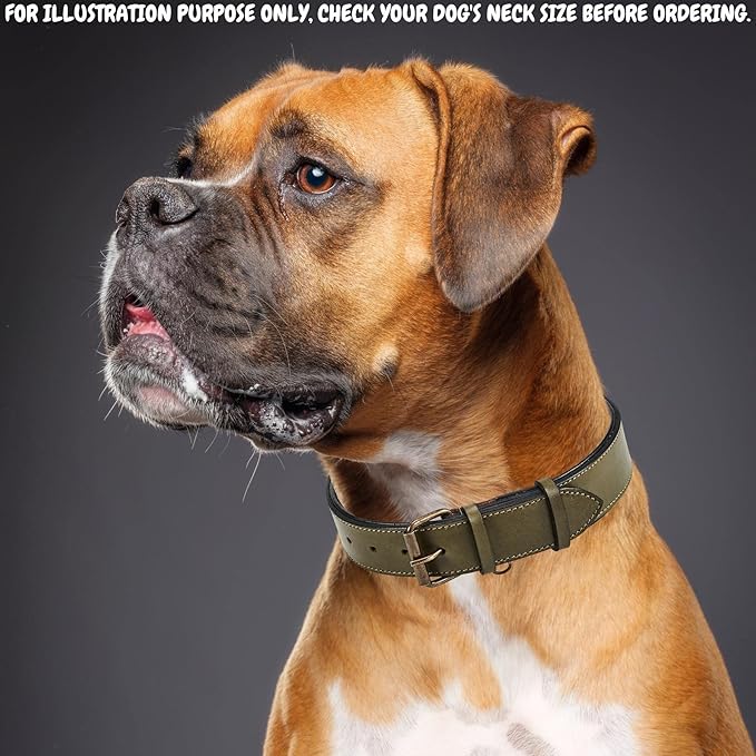 Real Leather Dog Collar Padded Soft Interiors with Premium Vintage Look Handcrafted Heavy Duty with Tag Ring for Small Medium and Large Pets (X-Large (1.75" Wide for 20" - 24" Neck), Olive)