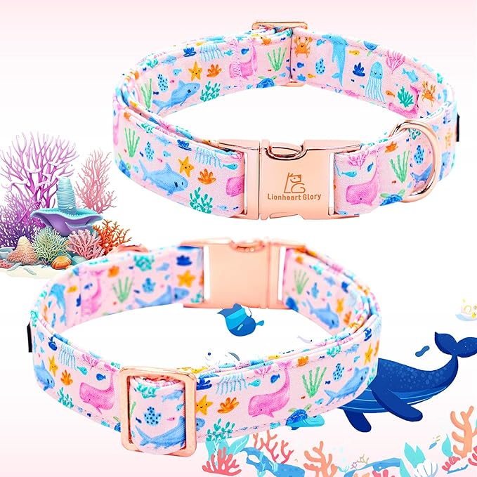 Lionheart glory Dog Collar Flower Collar Pink Dog Collars with Flower Summer Cute Sea Animals Print Collar Dog Female Soft Durable Adjustable Dog Collars for Medium Dogs