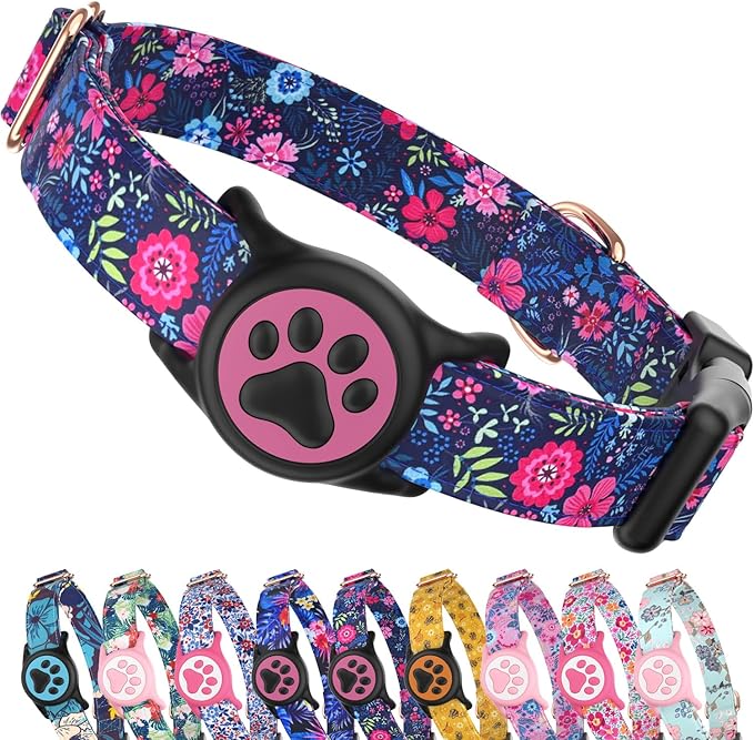 WhoseID Airtag Dog Collar,with Waterproof airtag Holder，Original Stylish Cute Pattern Design.QR Code ID Buckle，Comfortable Soft Cotton for Small Medium Large Dogs