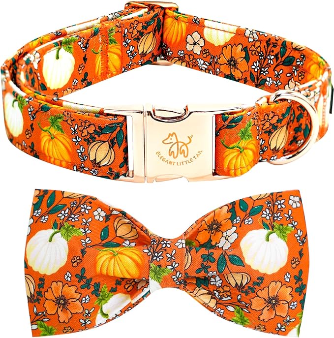 Elegant little tail Halloween Dog Collar, Pumpkin with Flower Print Halloween Pet Collars Puppy Collar with Bow Cute Adjustable Collars for Small Medium Large Dogs