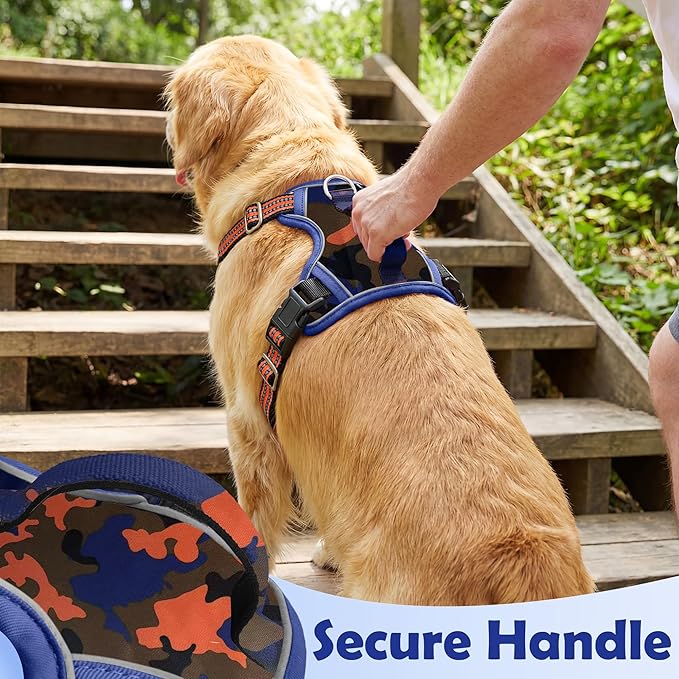 Funfox Dog Harness No Pull, Adjustable Pet Vest Harness, Super Soft Material with Vertical Handle Easy Control, Reflective Night Walking, 2 Leash Clips for XLarge Dogs, Camo Orange, XL