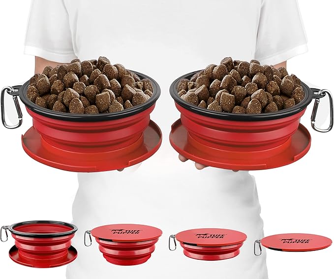 Tuff Pupper SuperBigSlurp Collapsible Dog Bowls | Two Pack Red Bowls | 40oz Extra Large Capacity | Portable, Food Safe, Odorless | Non-Toxic Silicone