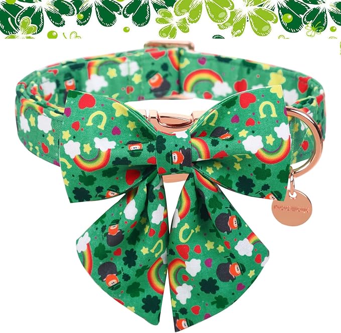 DOGWONG Green Lucky Clover Shamrock Dog Collar with Bowtie, Soft Adjustable St. Patrick's Day Lucky Charm Puppy Collar for Small Medium Large Dog