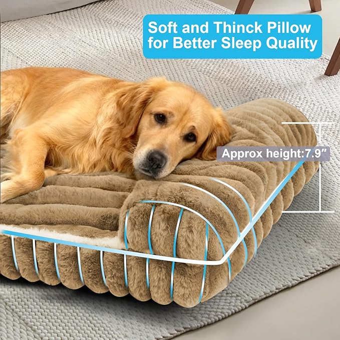 Comfort Dog Beds for Large Dogs,Dog Bed with Removable Washable Cover, Deluxe Plush Dogs Beds for Crate with Pillow, Anti-Slip Pet Mat Mattress for Kennel with Durable Zipper(Brown,L)