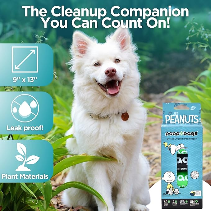 The Original Poop Bags® 38% USDA Biobased Pet Waste Bags, Peanuts Design, Leak-Resistant & Durable Leash Rolls, Black/Green, 60 Count