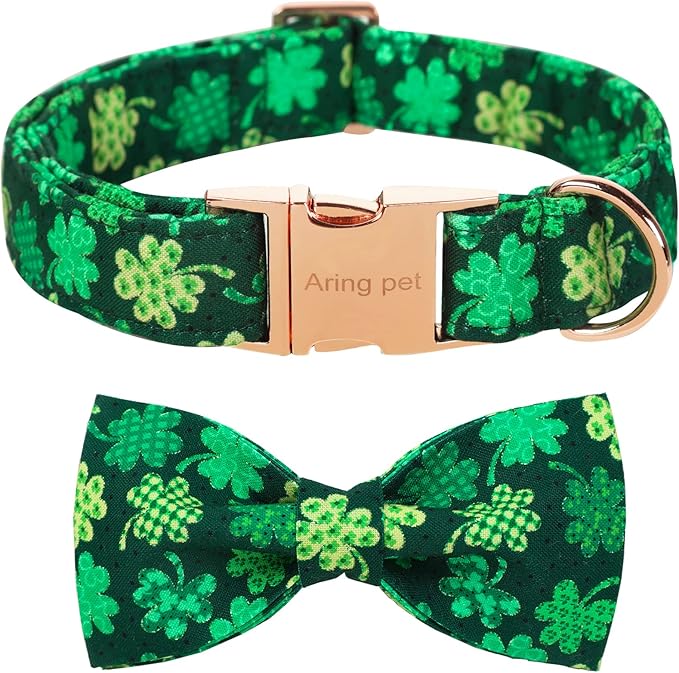 ARING PET St. Patrick's Day Dog Collar with Bow, Cute Adjustable Plaid Clovers Shamrock Bowtie Pet Collars with Metal Buckle for Puppy Small Medium Large Boy Girl Dogs-S