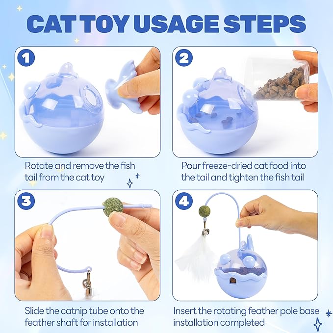 Cat Interactive Toys,Wobble Kitten Treat Dispensing Ball with Catnip and Feathers, Indoor Puzzle Slow Feeding, Cats Treat Dispenser Kicker Toy for Large, Medium and Small Cats (Blue, Fish